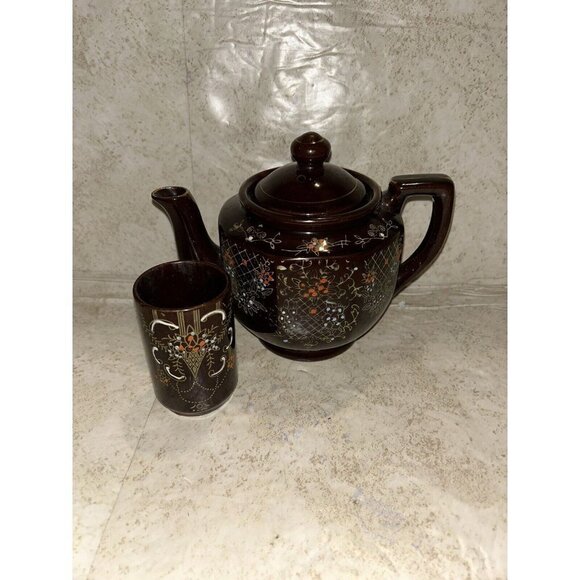 Vintage Japan Moriage Redware Hand Painted Floral Brown Coffee Tea Pot & Cup - Picture 2 of 10